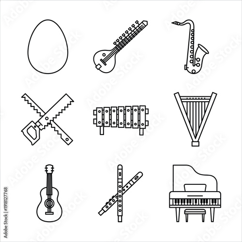 Clean black line art icon set featuring various musical instruments, an egg, and crossed saws on a white background for educational or technical use..