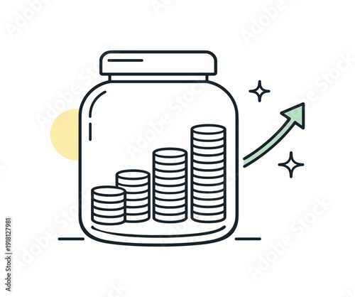Mindful financial stability and consistent saving habits in everyday personal money management focused on long-term security, a closed jar with evenly