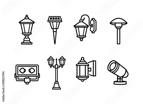 Outdoor home lighting fixtures: garden lamp, solar light, wall lantern, path light, floodlight, light pole, outdoor sconce, spotlight