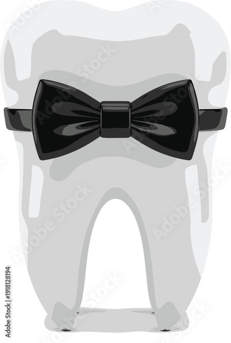 Creative illustration of a large white molar tooth wearing a formal black bow tie with grey accents isolated on a white background.