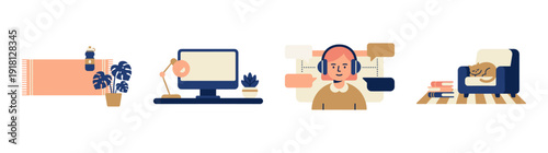 Flat Vector Remote Work and Wellness Element Kit for Work From Home Lifestyle Concept