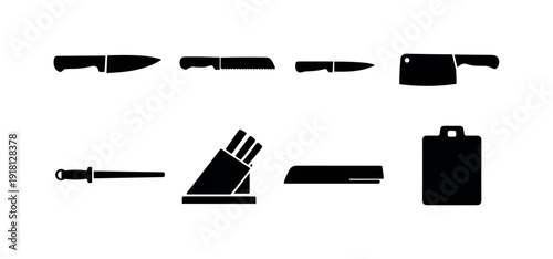 Kitchen knife essentials: chef knife, bread knife, paring knife, cleaver, honing rod, knife block, blade guard, cutting board