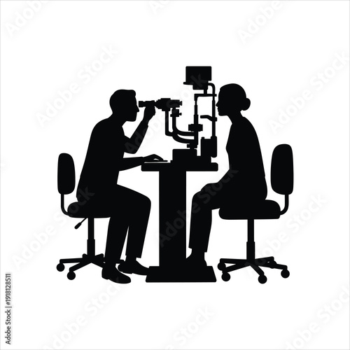 Eye examination scene in silhouette: doctor using a slit lamp to check a patient's vision. Vector illustration for eye health and medical services.