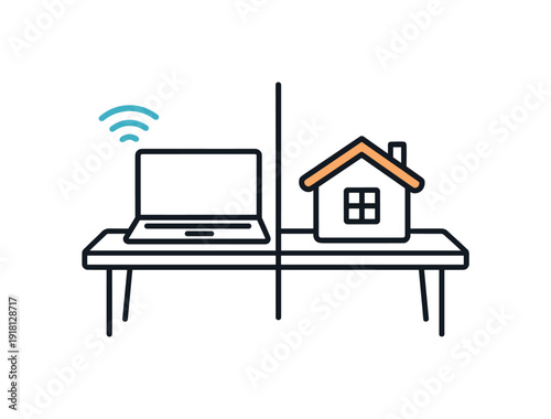 Hybrid work efficiency and flexibility in a modern professional lifestyle balancing office and home productivity, a desk split between a laptop and a