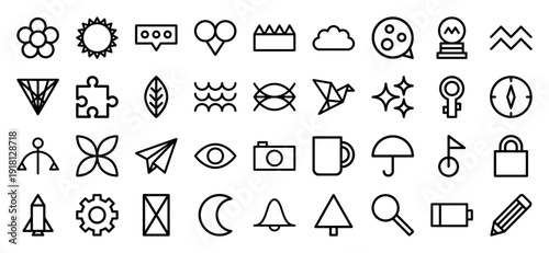 Comprehensive collection of universal interface icons. Bold vector pictograms of a camera, rocket, gear, pencil, magnifying glass, and lightbulb in a thick outline style.