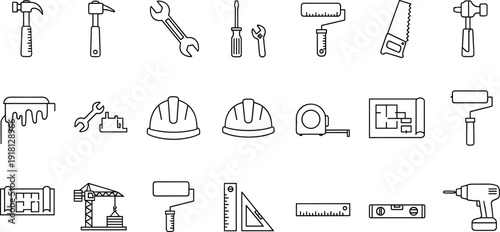 Comprehensive collection of construction and renovation tool vector icons featuring hammers wrenches screwdrivers paint rollers hard hats and blueprints in clean black line art for hardware stores 