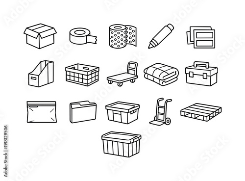 Office relocation supplies: cardboard box, packing tape, bubble wrap, marker pen, label sticker, file box, plastic crate, dolly cart, moving blanket