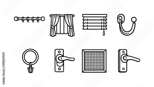 Home window accessories: curtain rod, window curtain, blind slat, tieback hook, curtain ring, window latch, insect screen, window handle