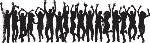 Energetic Black Silhouette Collection of Diverse People Dancing and Celebrating at a Music Concert Nightclub or Party Event Isolated on a Clean White Background