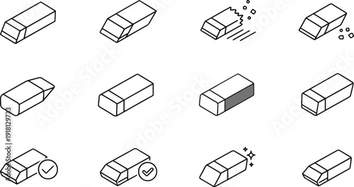 Minimalist Eraser Line Icon Set – Vector Stationery and Office Supply Outline Symbols