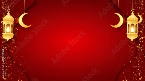 Celebrating Ramadan and Eid Mubarak with Golden Lanterns, Crescent Moons, and Sparkling Lights in a Vibrant Red Background Scene from a Front Viewpoint