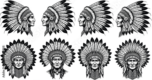 Black and white vector illustration set of Native American chief head profiles wearing traditional feathered war bonnets for cultural heritage and tribal mascot branding