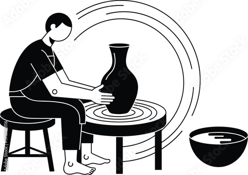 Black and white vector line art illustration of a craftsman making a ceramic clay vase on a pottery wheel for hobby and artisanal branding