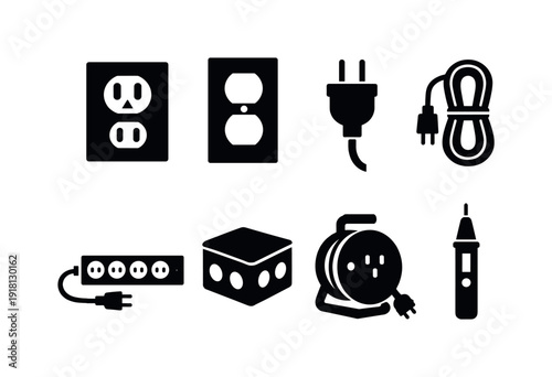 Home electrical outlet accessories: power outlet, outlet cover, power plug, extension cord, power strip, junction box, cable reel, voltage tester