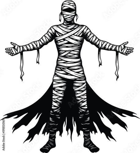 Black and white vector line art illustration of an ancient egyptian mummy with bandages and tattered cloak for halloween horror monster and spooky branding