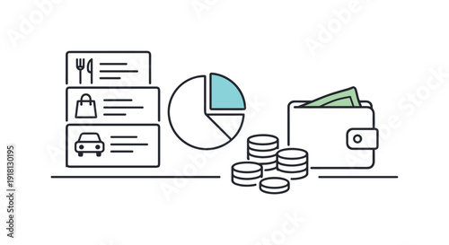 Smart expense categorization and financial overview in everyday personal money management where spending is clearly structured, a wallet beside neatly