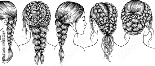 Black and white vector line art of diverse female braided hairstyles including french braids fishtail plaits and elegant updos for beauty salon hair branding