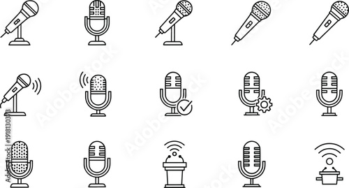 Professional Microphone Line Icon Set – Vector Audio, Podcast, and Studio Equipment Outline Symbols for Broadcasting and Music