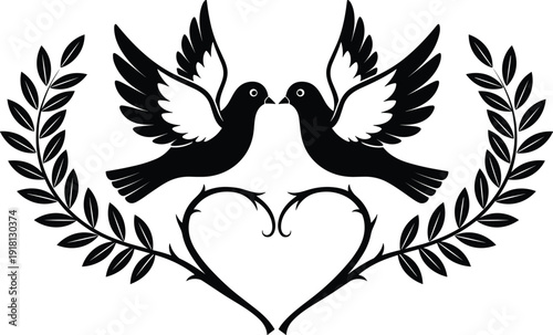 Vector Illustration of Two Doves Flying with Laurel Wreath and Heart Shaped Vines for Wedding Peace Love and Romantic Celebration Graphic Designs