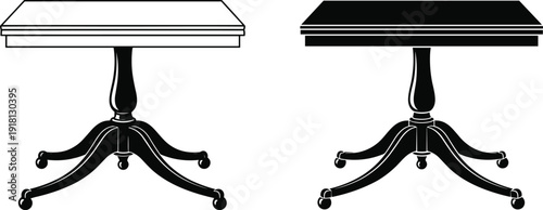 Black and white vector silhouette set of a classic pedestal dining table with elegant curved legs for home interior furniture and decor branding