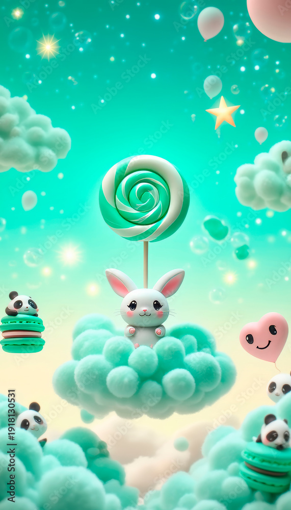 Fototapeta premium A minty bunny in the clouds of a dream, a fluffy chibi bunny surrounded by balloons, macaroons, hearts, and soap bubbles pure kawaii comfort, tenderness, and magic in pastel colors.