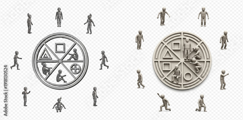 Abstract representation of human development and learning stages with symbolic figures and geometric shapes.