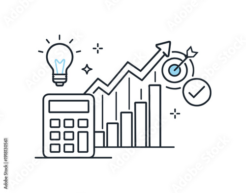 Strategic financial forecasting and business growth planning highlighting informed decisions, an upward trending line graph emerging from a calculator
