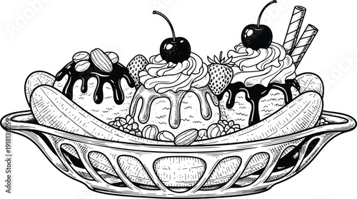 Vintage hand drawn banana split ice cream sundae with cherries nuts engraving
