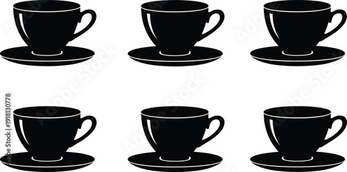 Black vector silhouette and icon set of traditional ceramic coffee cups with saucers for cafe bistro restaurant branding breakfast service and hot beverage menu