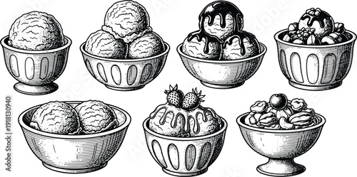 Vintage hand drawn ice cream dessert bowls with toppings engraving illustration