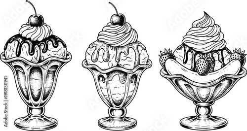Vintage hand drawn ice cream sundae desserts with whipped cream engraving illustration