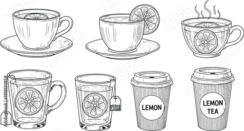 Vintage hand drawn lemon tea cups and takeaway coffee engraving illustration set