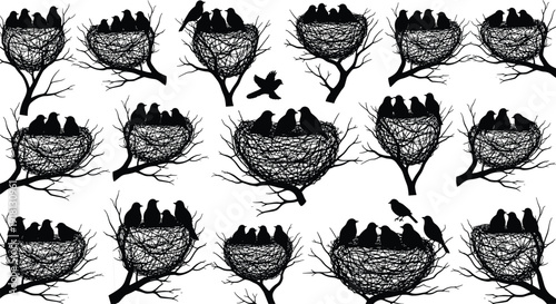 Vector Illustration Set of Bird Nest Silhouettes on Tree Branches with Small Chicks for Spring Season Nature Wildlife Conservation and Forest Ecology Designs
