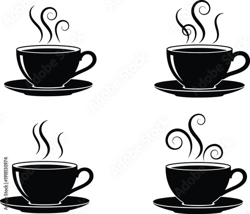 Black vector silhouette icon set of four steaming coffee or tea cups on saucers with diverse artistic swirl steam patterns for cafe and bakery branding