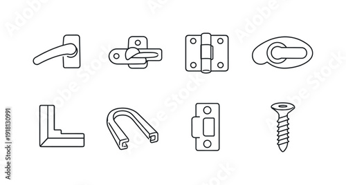 Home window hardware: window handle, window latch, hinge, lock cam, strike plate, frame corner, gasket seal, mounting screw