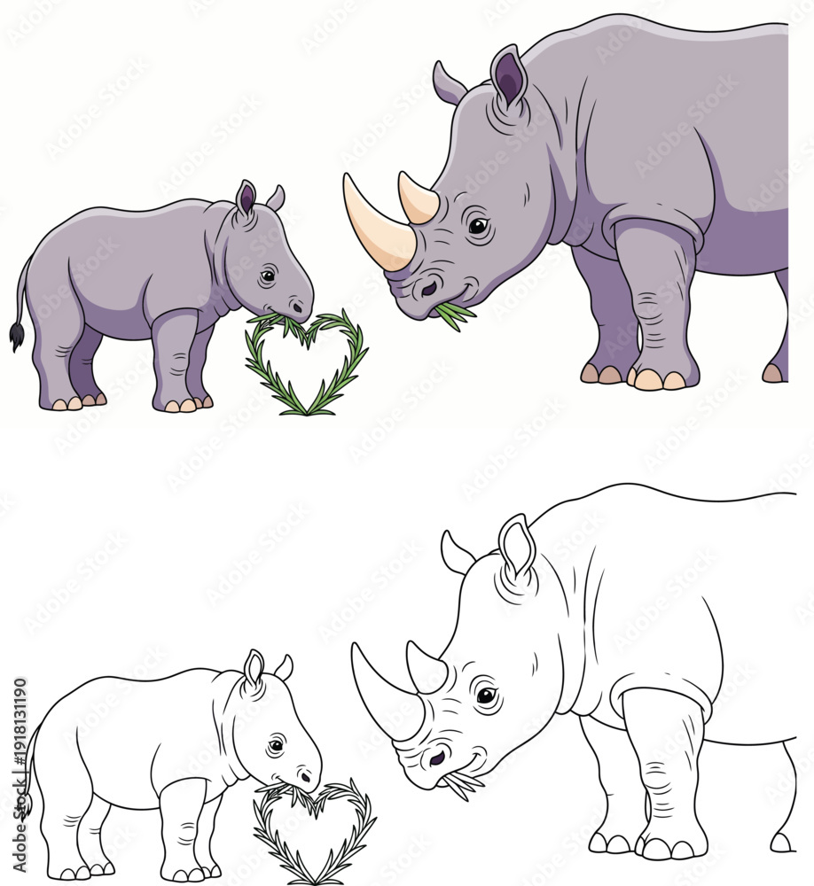 Obraz premium Children's coloring pages with a cartoon illustration of a mother and baby rhino forming a heart out of grass in both color and line art Vector for Nursery Art