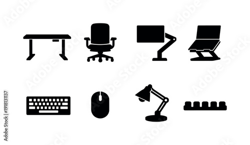 Office ergonomic workstation setup: adjustable desk, office chair, monitor arm, laptop stand, keyboard, mouse, desk lamp, cable organizer
