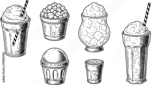 Vintage hand drawn smoothie slush and ice drink cups engraving illustration