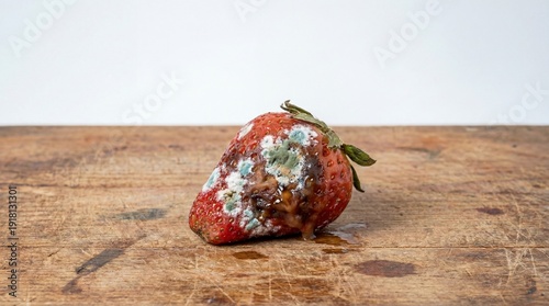 Close-up view of a spoiled and rotten strawberry covered with mould, showing signs of food decay and waste. This image highlights food spoilage, improper storage, and organic decomposition in fruits.