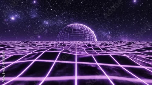 Retro Futuristic Neon Grid Landscape with a Planet or Moon Rising Over a Digital Horizon