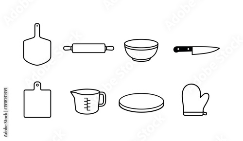 Home artisan pizza making tools: pizza peel, rolling pin, mixing bowl, chef knife, cutting board, measuring cup, pizza stone, oven mitt