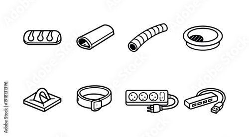 Office desk cable accessories: cable clip, cable sleeve, spiral wrap, desk grommet, adhesive mount, Velcro strap, power strip, USB hub