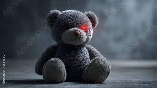 Creepy Teddy Bear with Glowing Red Eyes in a Dark Room.