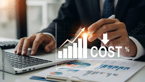 Businessperson Analyzing Cost Graphs on Laptop with Pen