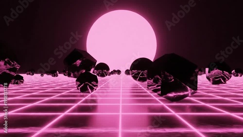 Retro Futuristic Landscape with Neon Grid and Silhouettes.