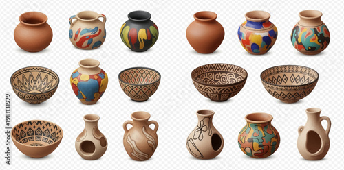 Collection of traditional clay pots and bowls with ethnic patterns and designs on transparent background.
