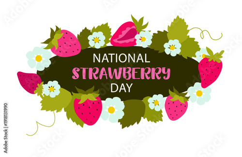Strawberry.  National strawberry day  vector design label with  festive inscription. 