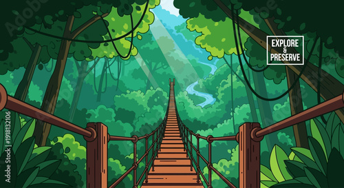 A suspension bridge crosses a lush, vibrant jungle with a winding river flowing through the dense green canopy.