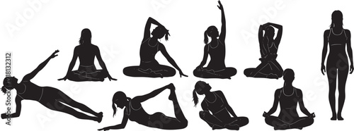 Black silhouette collection of a woman performing various yoga poses and stretching exercises isolated on white background for health wellness and mindfulness concept designs