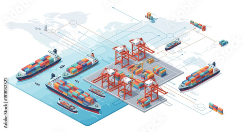 Illustration of a modern container shipping port with cargo ships, cranes, and logistics network connections across a world map.